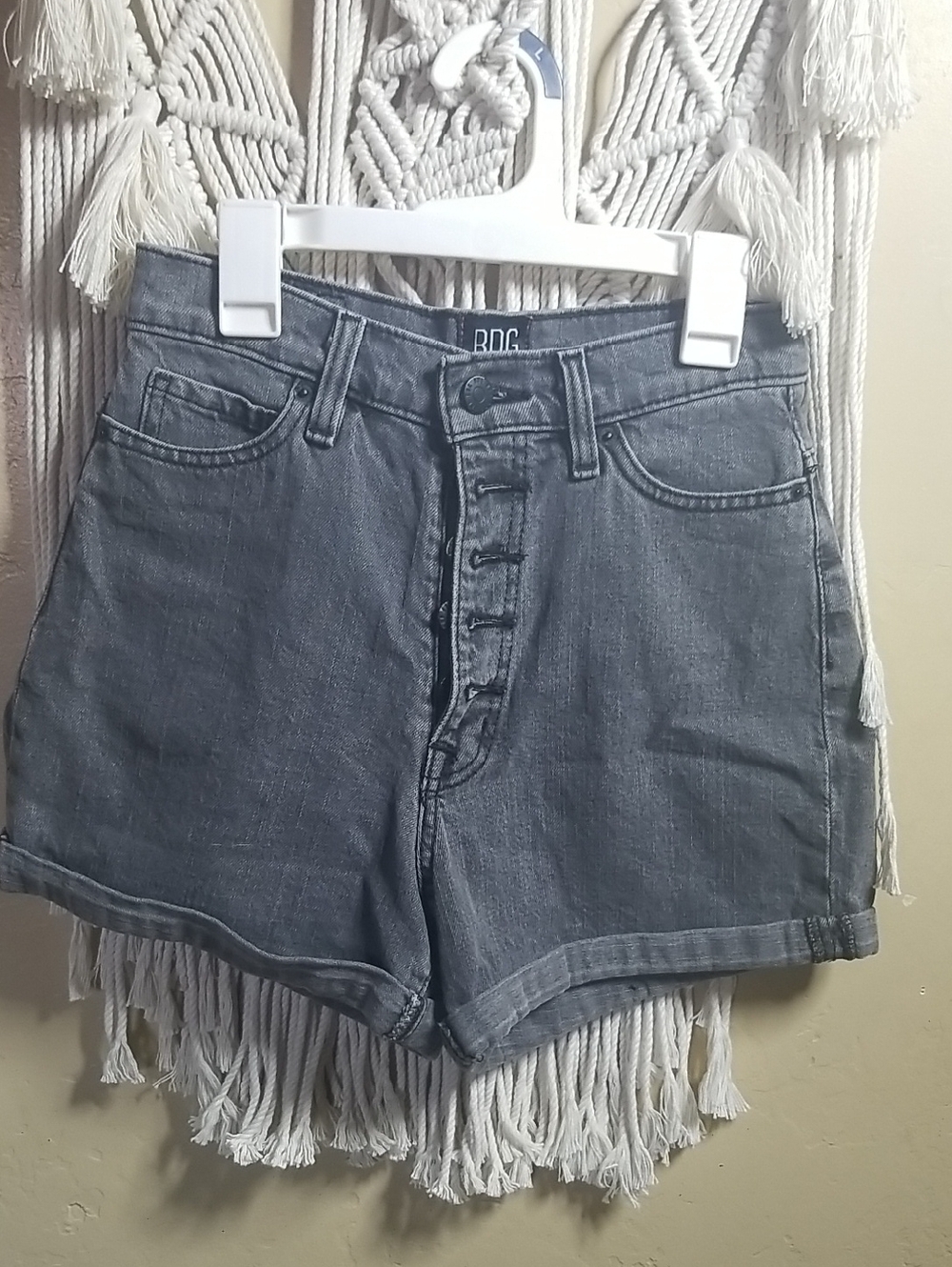 BDG High-Rise Button-Fly Washed Gray Denim Shorts